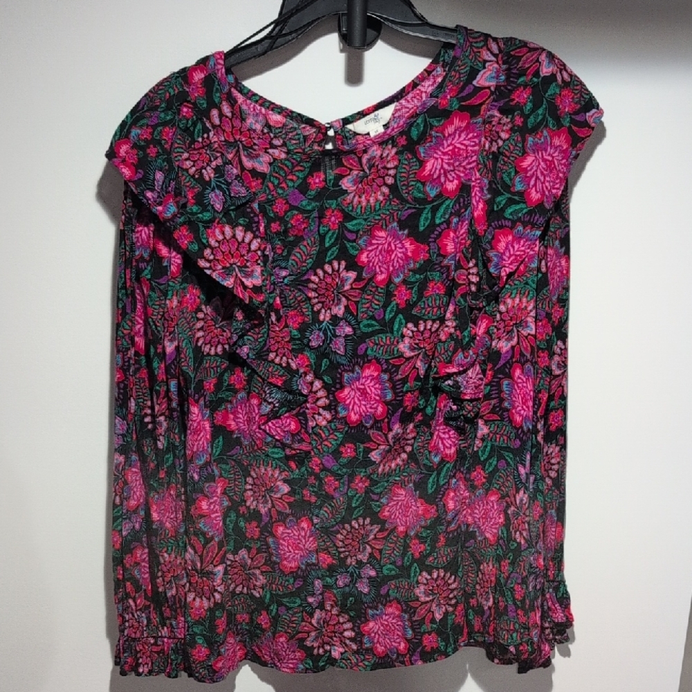 Terra & Sky Black Floral Ruffle Long-Sleeve Blouse with Pink & Green Print